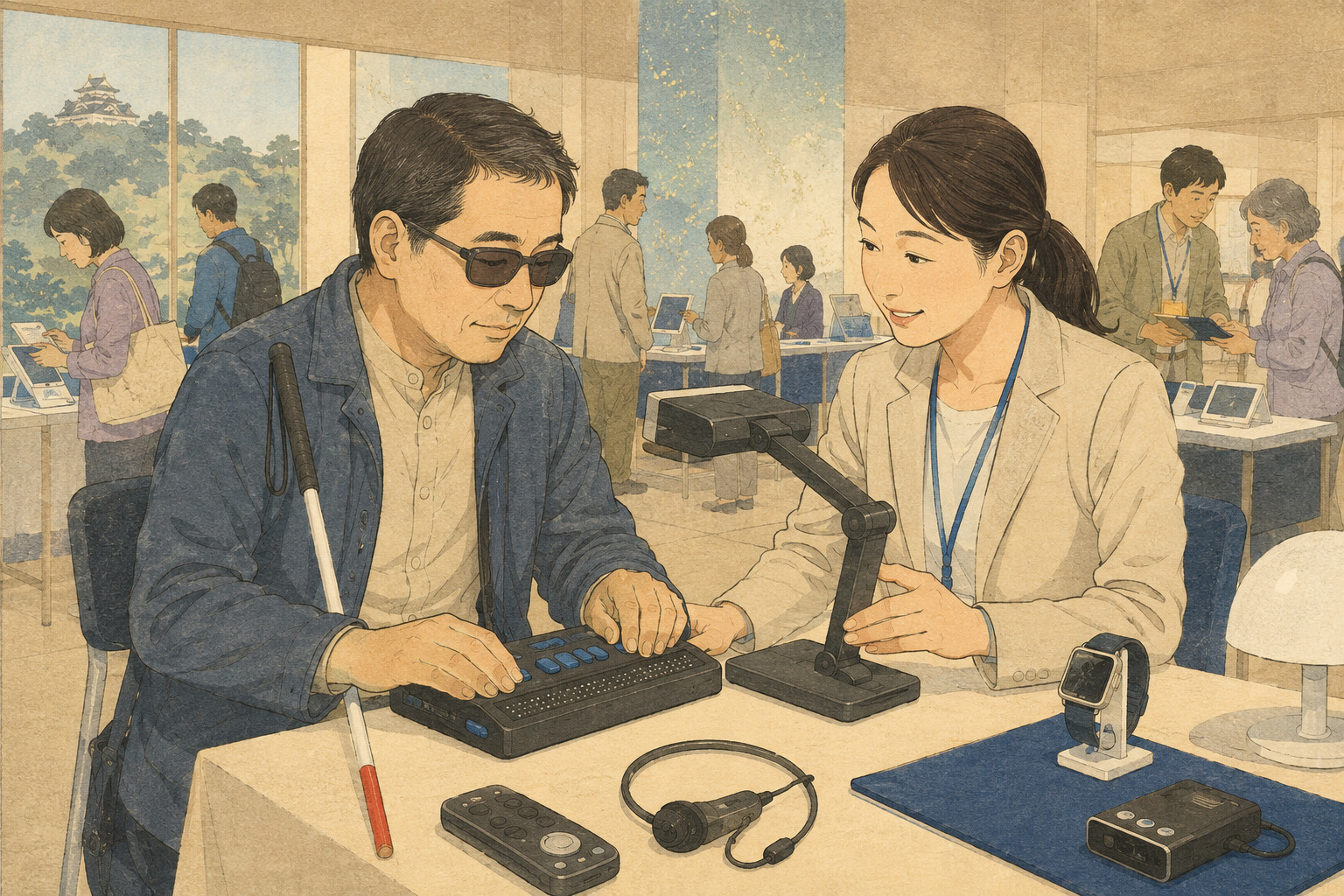 視覚支援機器を体験する来場者を描いた編集イラスト