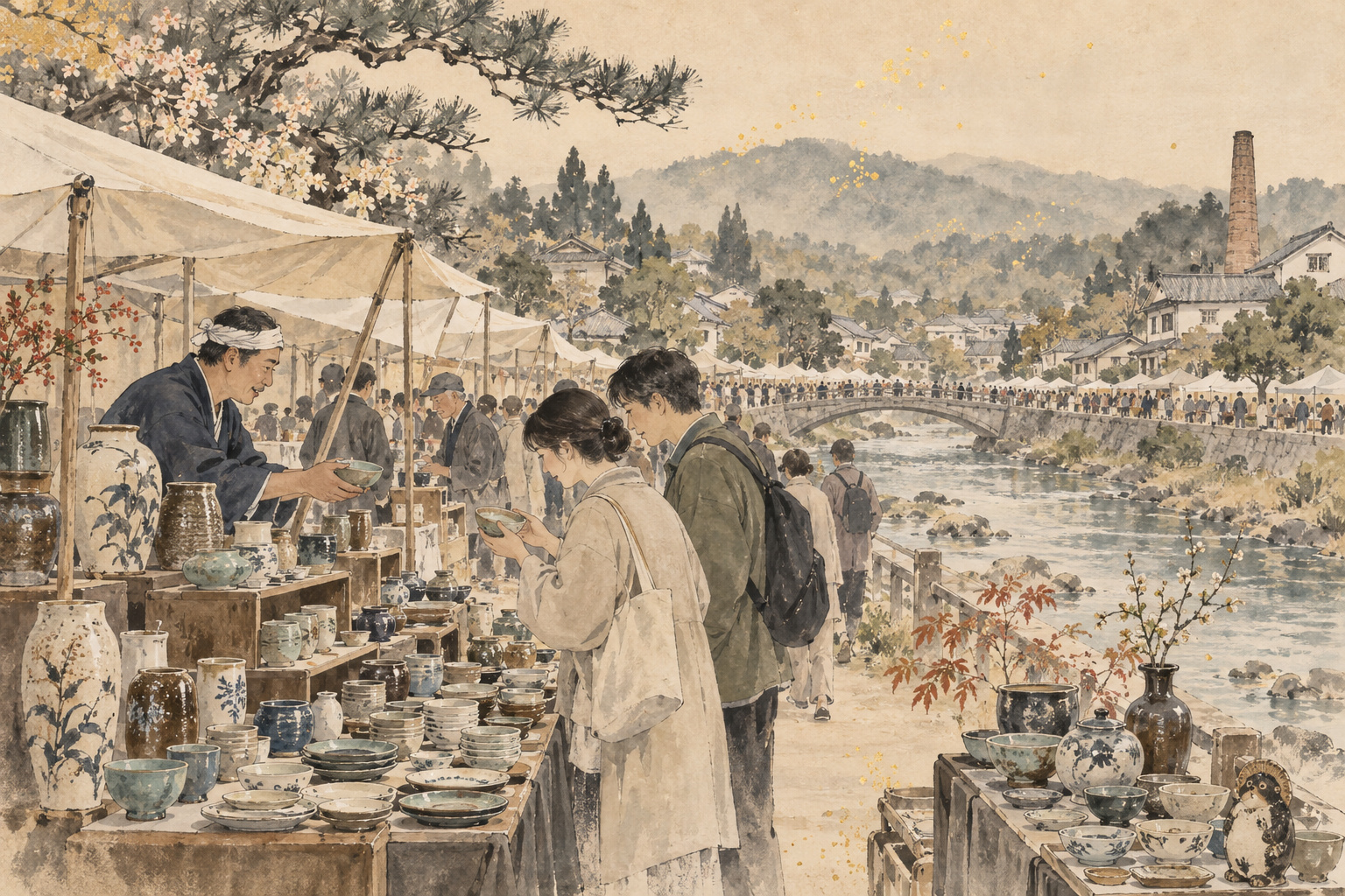 Ink-wash illustration of visitors examining bowls at a riverside ceramics market