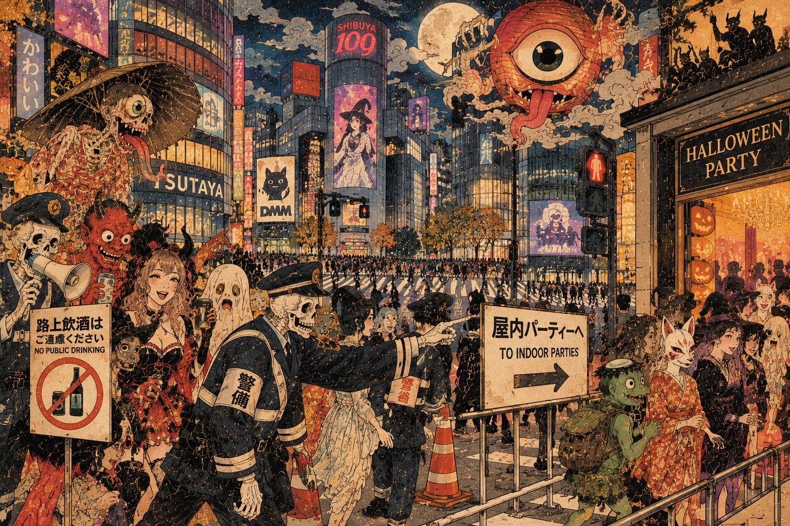 Shibuya Halloween Isn’t Canceled: Rules, Crowds and Parties — AI-generated editorial illustration