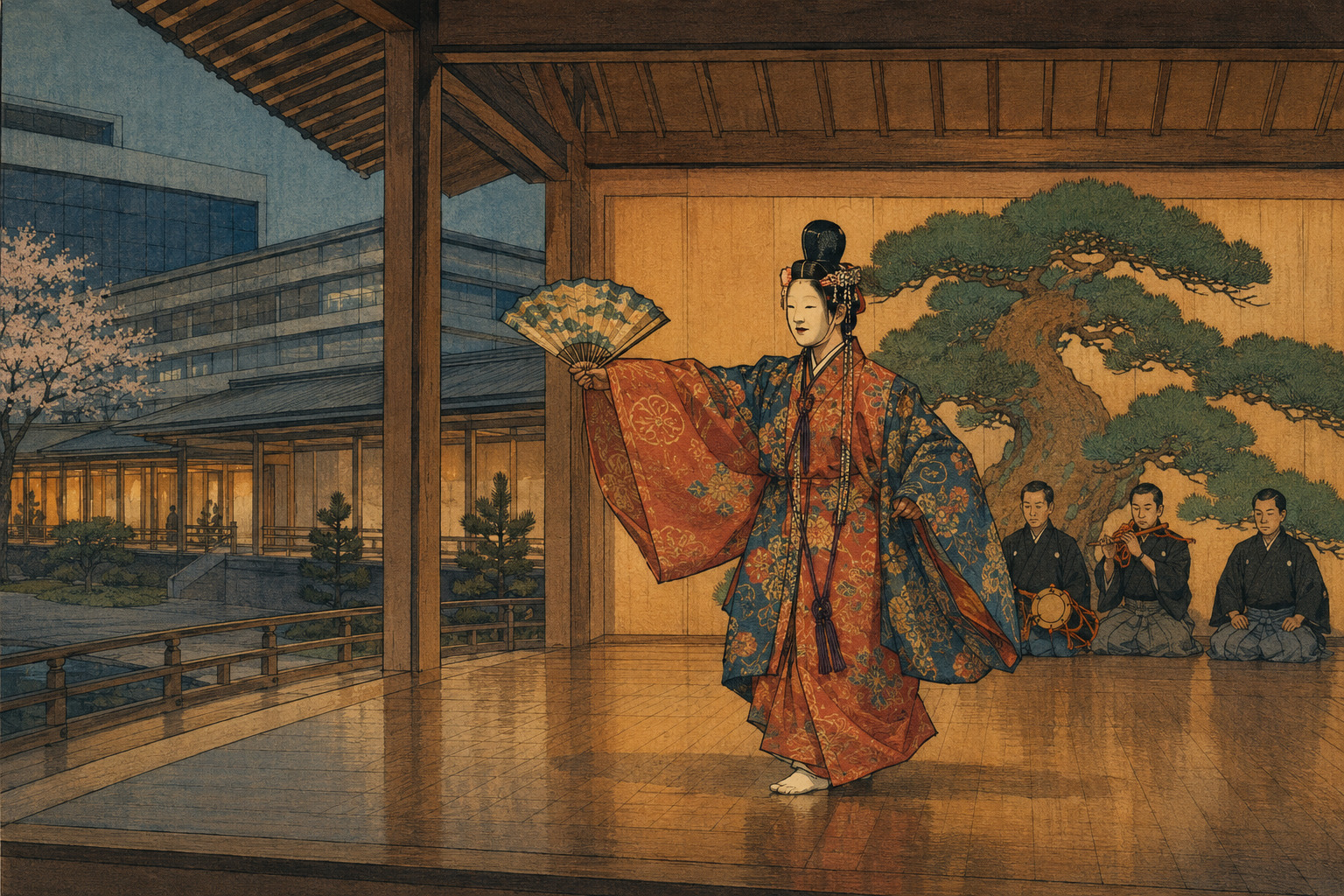 Editorial illustration of a younger Noh performer in formal costume on a contemporary Tokyo Noh stage