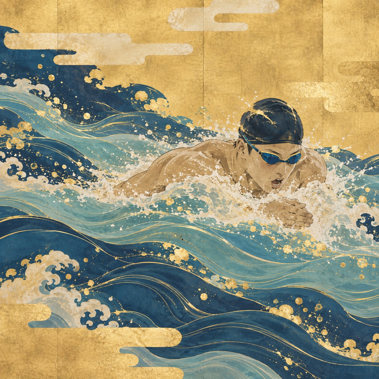 若い競泳選手が藍色と水色の波を切り裂いて進む姿を金色の背景に描いた編集用イラスト