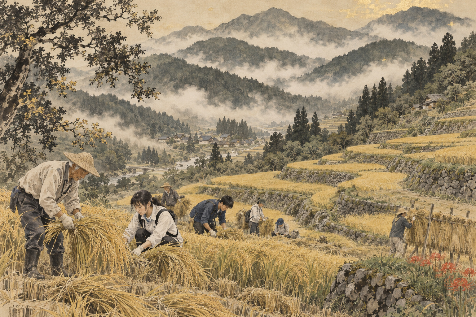 Ink-wash conceptual illustration of students and farmers working together among mountain rice terraces