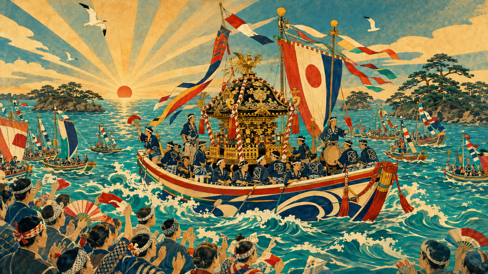 塩竈みなと祭で御座船に載せられ海を渡る御神輿