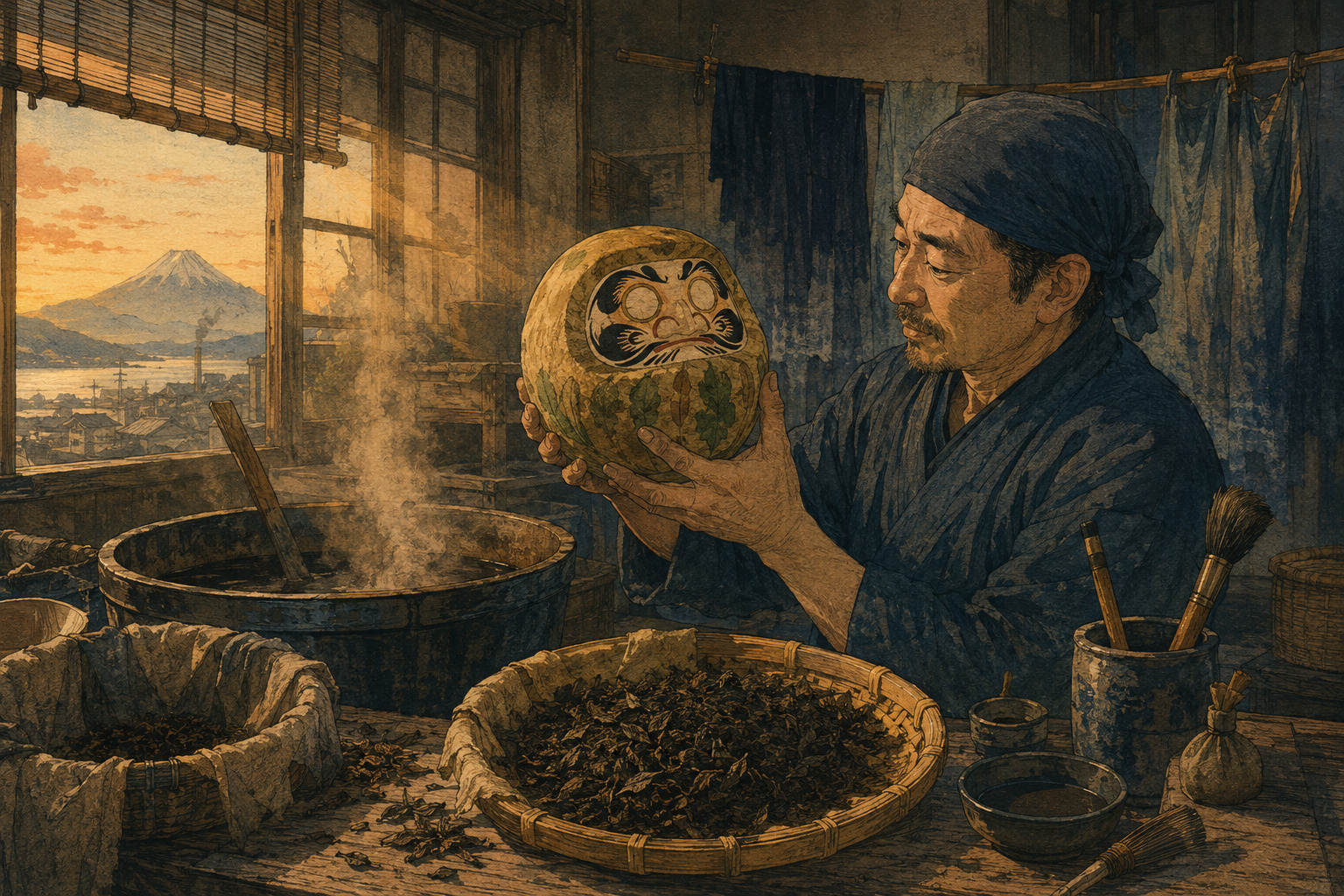 Kobayashi Kiyochika-inspired editorial illustration of a craftsperson holding a daruma in a tea-dyeing workshop