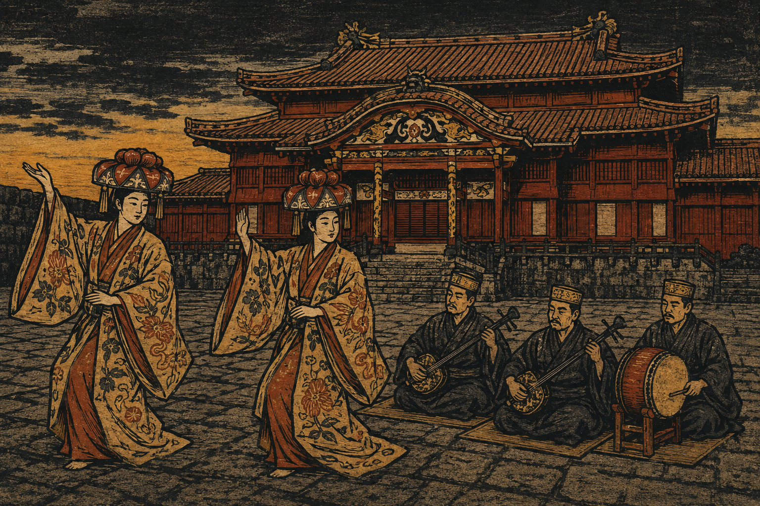 Editorial illustration of Ryukyuan dancers and musicians performing before restored Shuri Castle at twilight