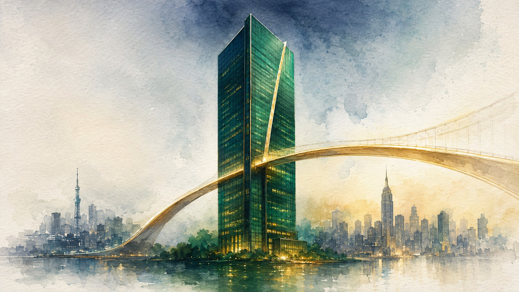 A single-focus watercolor of one financial bridge joining Tokyo and New York.