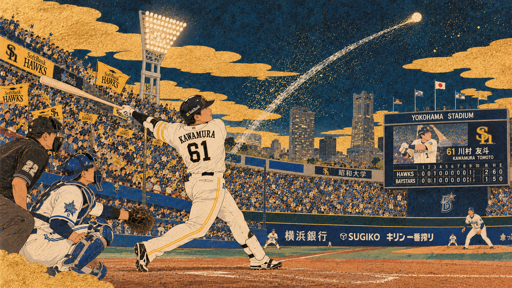 川村友斗、初打席で決勝弾――ソフトバンクが延長戦を連勝 — editorial illustration / 編集イラスト