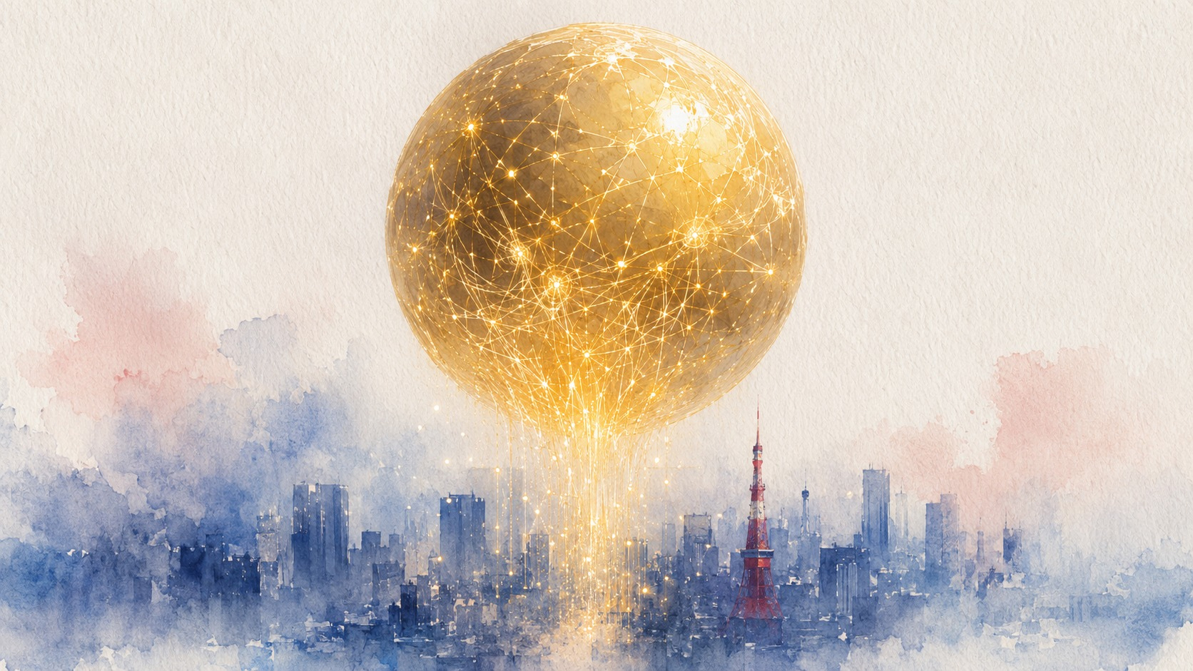A watercolor illustration with a luminous AI data center core as its single focal point.