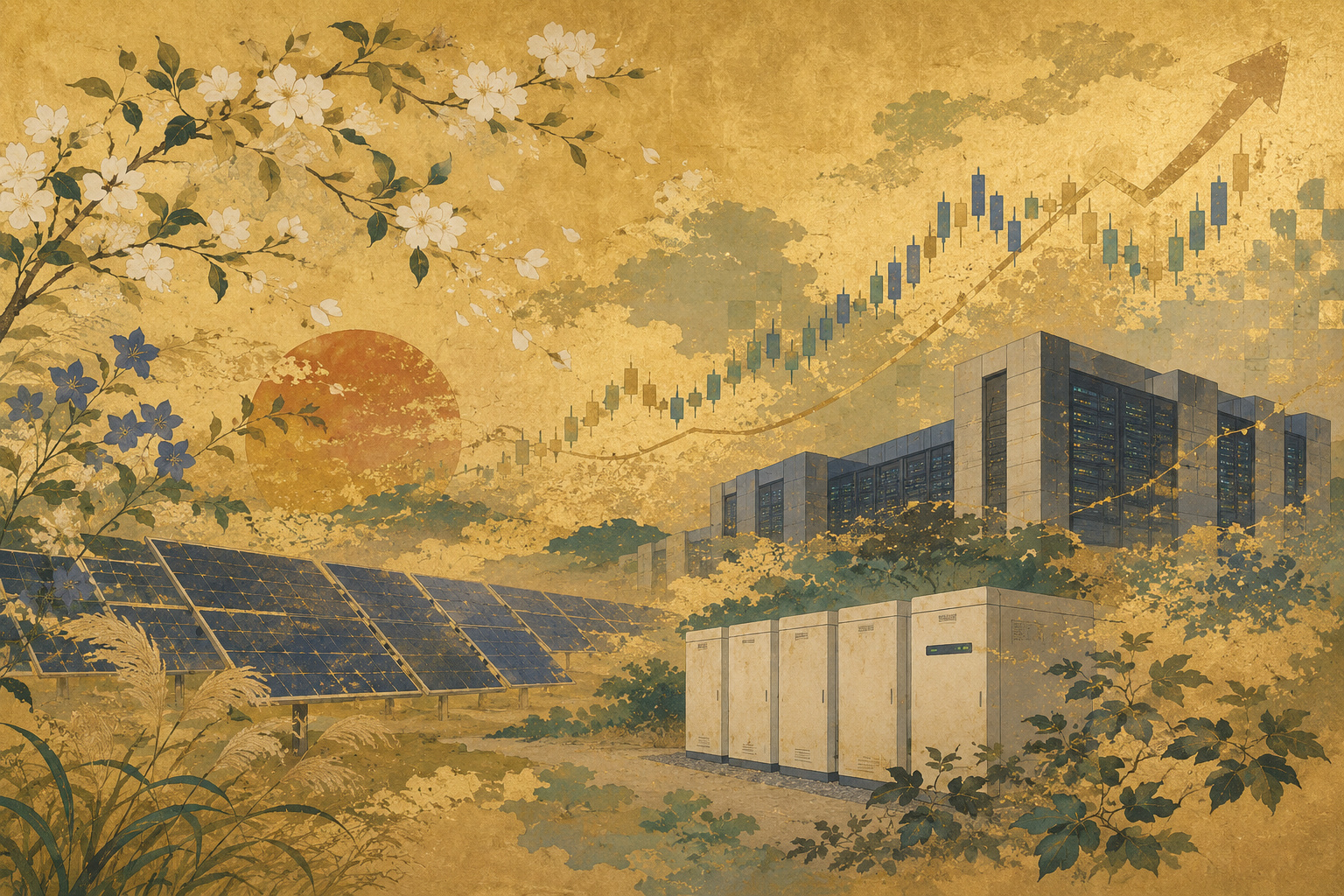 Editorial illustration combining solar farms, battery storage, data centers and a rising market chart to represent SB Energy's proposed U.S. IPO and AI infrastructure expansion