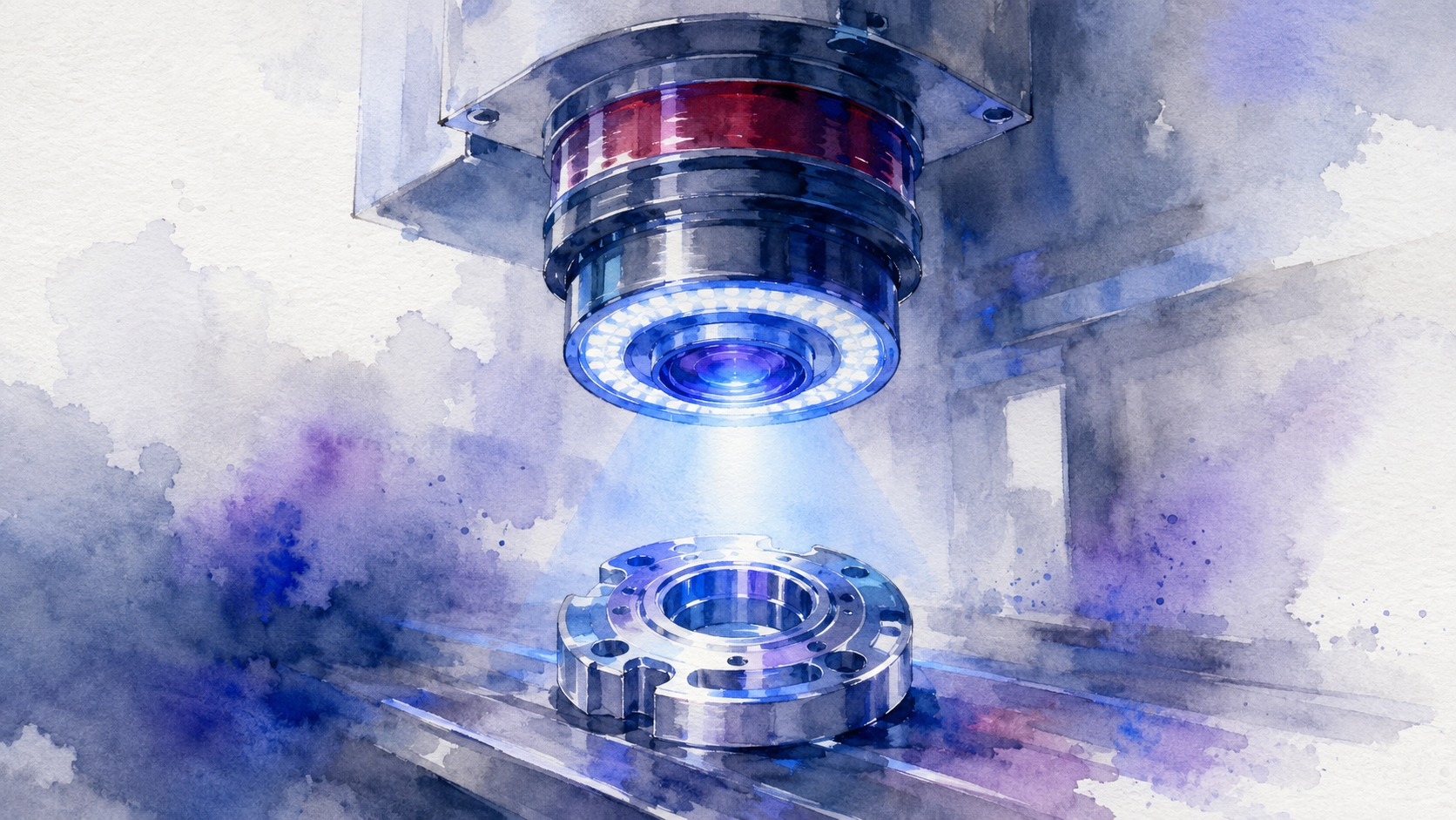 製造ラインを見つめる一つの知能化された視覚センサーを単一焦点として描いた水彩画。