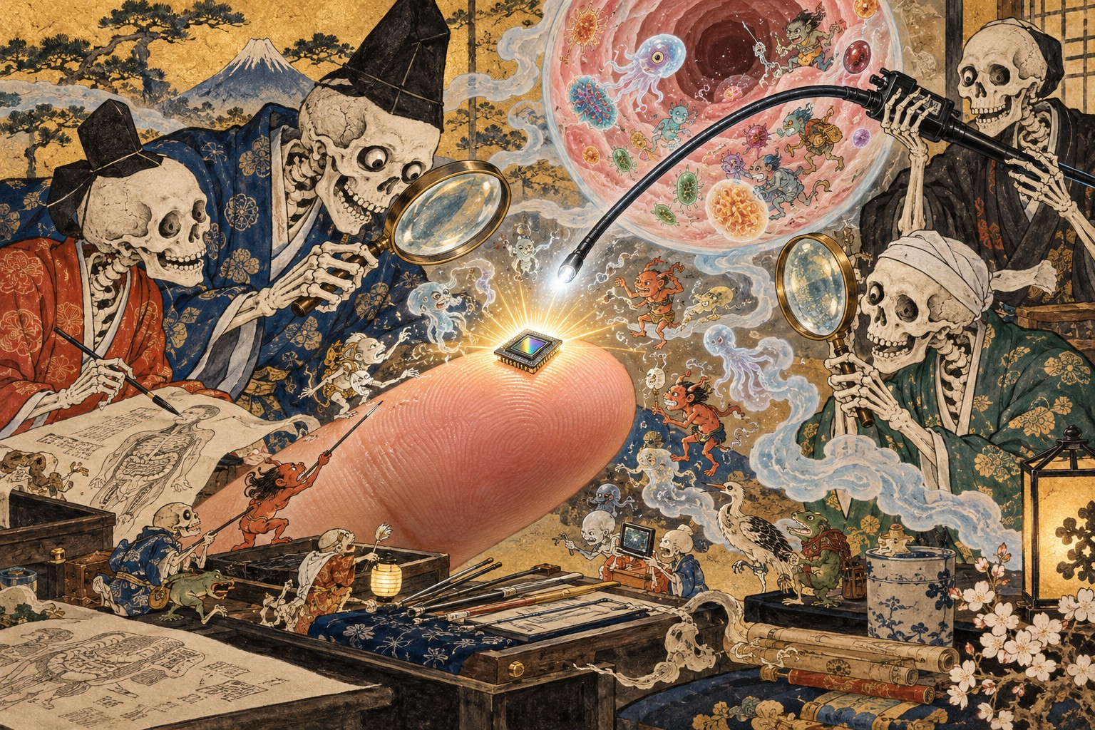 河鍋暁斎の画風に着想を得たAI生成の編集イラスト。巨大な指先の微小センサーと骸骨の研究者は象徴表現。ソニーの製品写真や実際の装置ではありません。