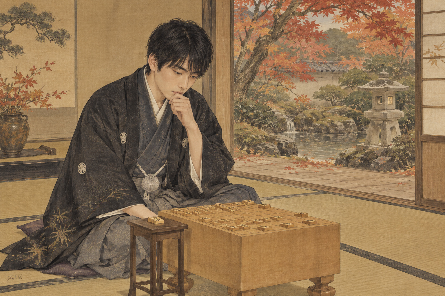 秋の庭を望む和室で将棋盤に向かう藤井聡太をイメージした編集イラスト