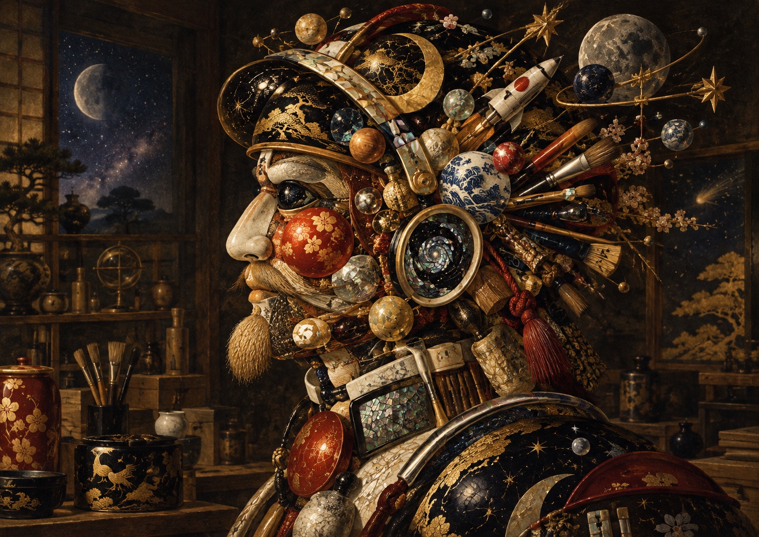 Japan.co.jp AI editorial illustration inspired by Giuseppe Arcimboldo’s composite portraits, accompanying “Space Brothers Comes Down to Earth in Glass, Lacquer and Clay”