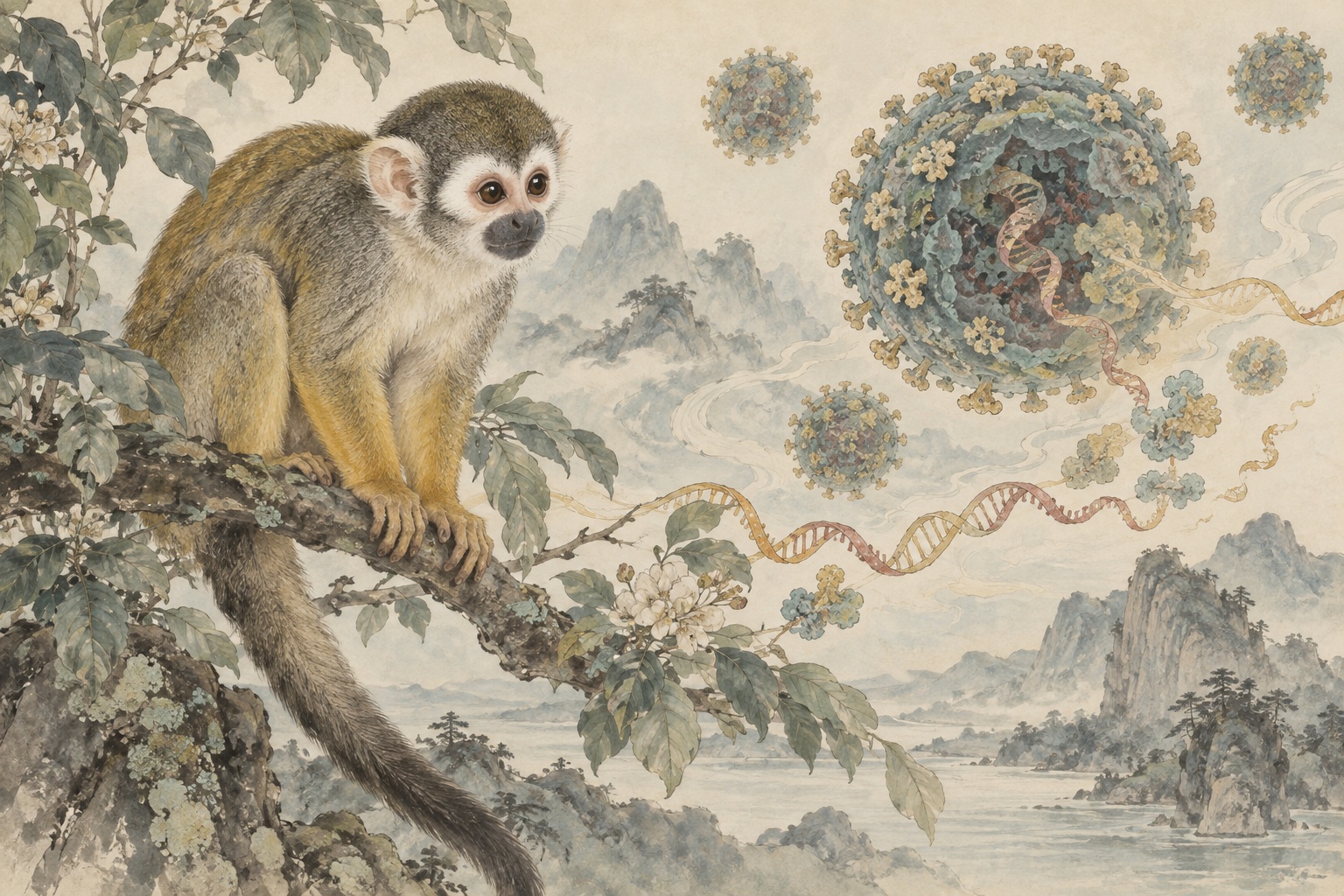 リスザルとウイルス粒子、遺伝子と免疫分子を谷文晁の山水画に着想を得た表現で描いたAI生成の編集イラスト