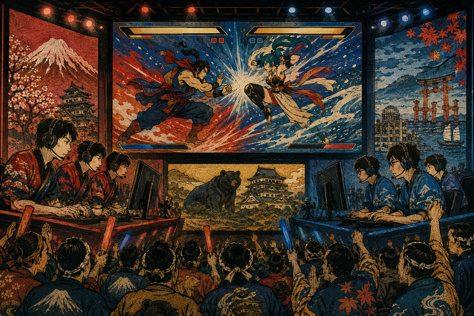 An editorial illustration of facing esports players surrounded by visual symbols of Fukushima, Kumamoto and Hiroshima