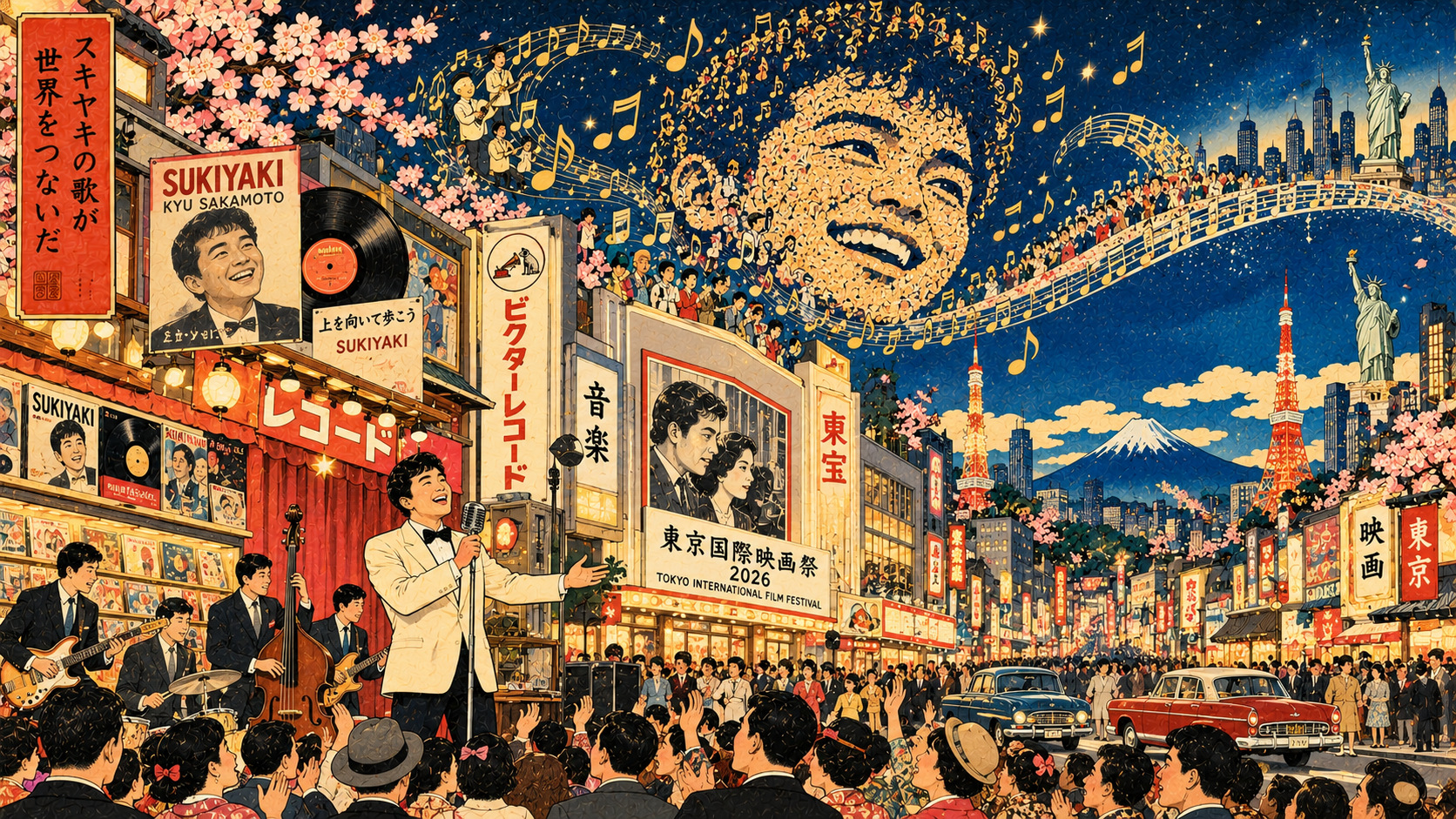 AI-generated woodblock-inspired editorial illustration symbolizing the global journey of Sukiyaki