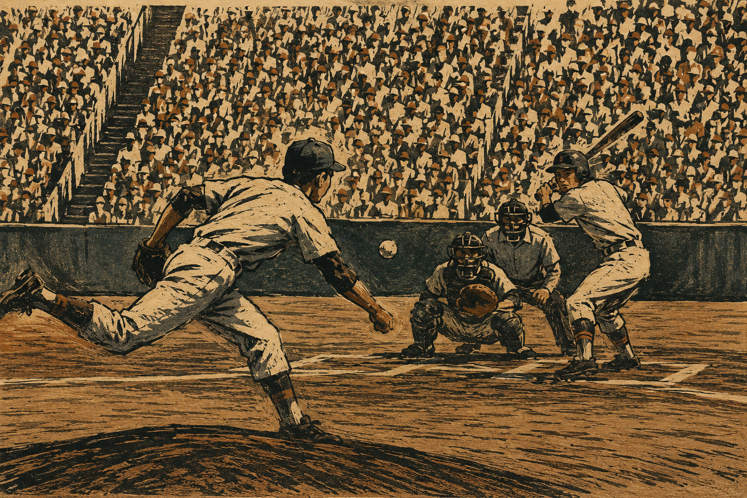 Editorial illustration of a pitcher delivering the ball during the Summer Koshien final; not a documentary photograph.