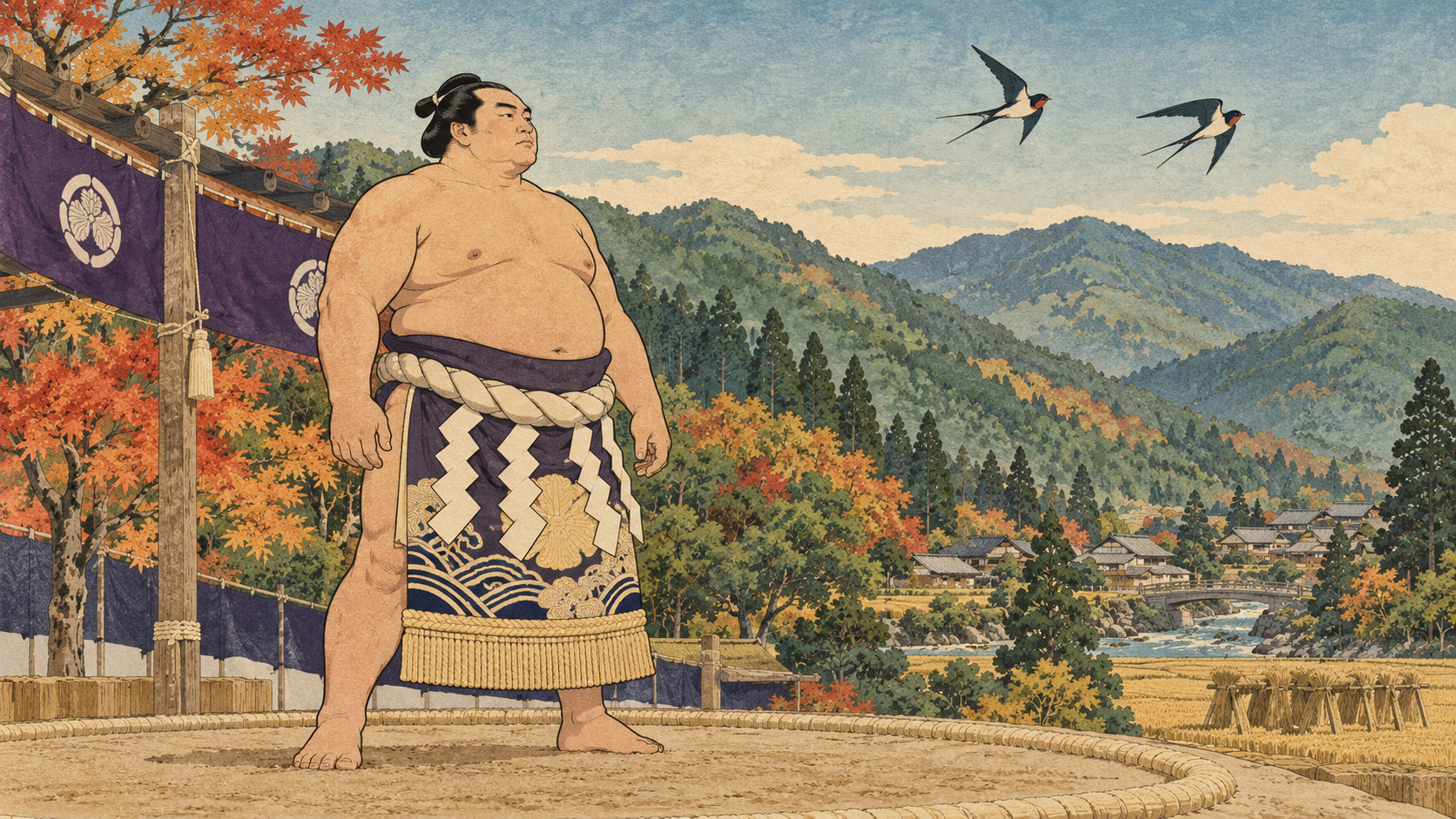 大相撲が岡山・和気町へ――町制20周年、体育館で触れる巡業の素顔 — editorial illustration