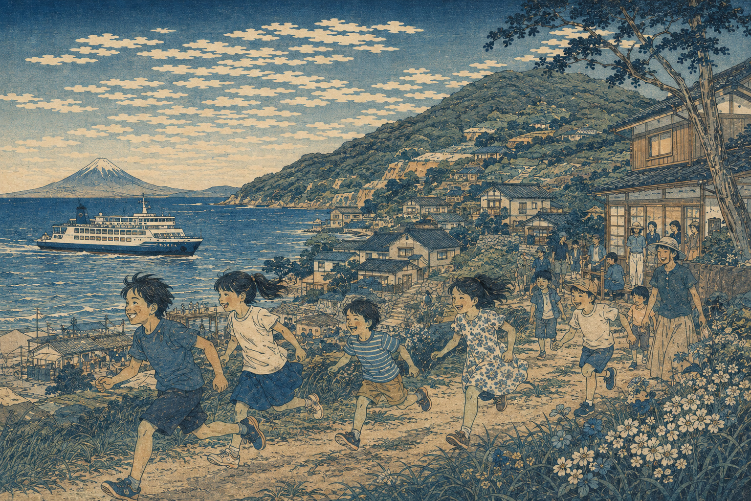 周防大島の子どもたちと島の未来を北斎風に表現した編集イラスト