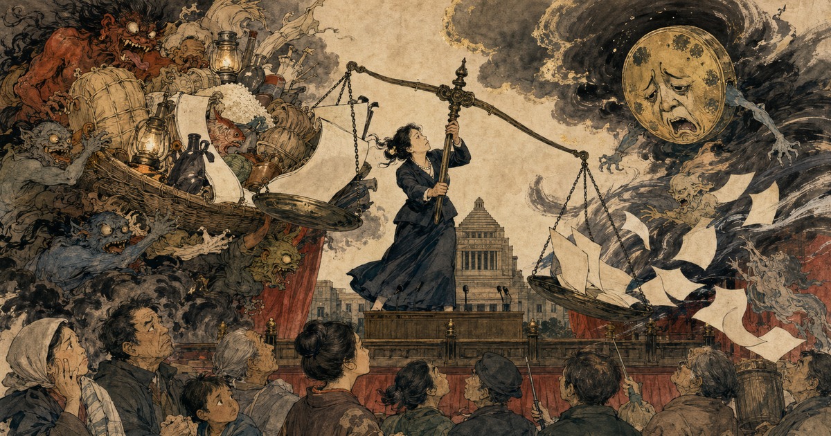 A Kawanabe Kyōsai-inspired political theater scene of Prime Minister Takaichi confronting the surging spirits of inflation and the yen