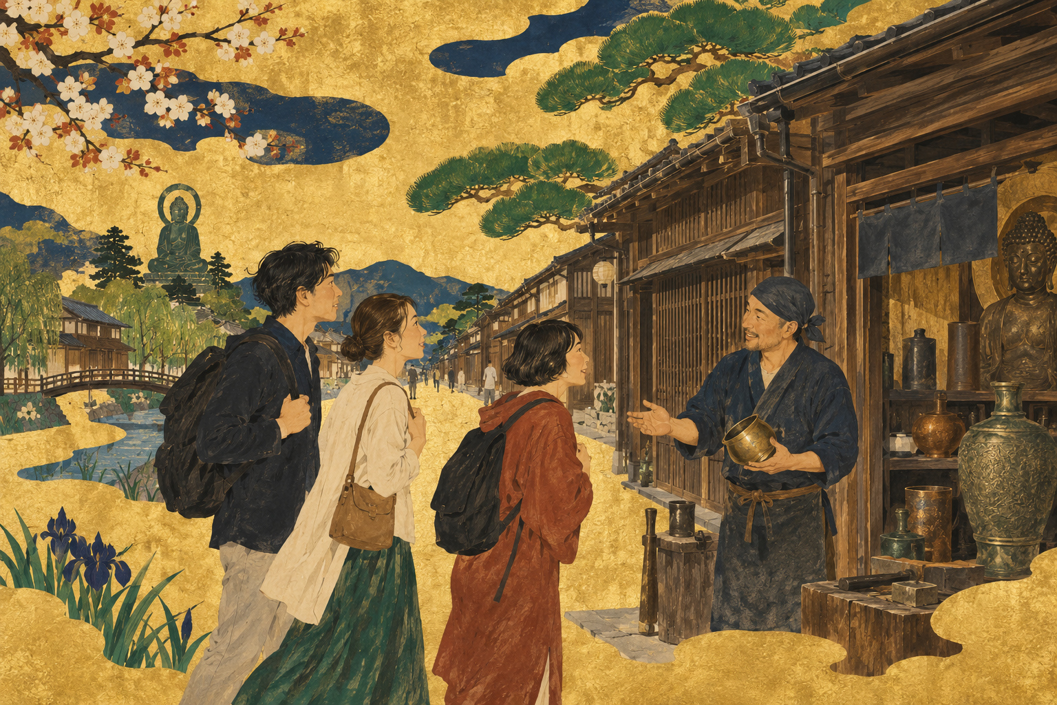 Visitors meet a metalworker on a traditional street rendered in warm earth colours against a gold ground