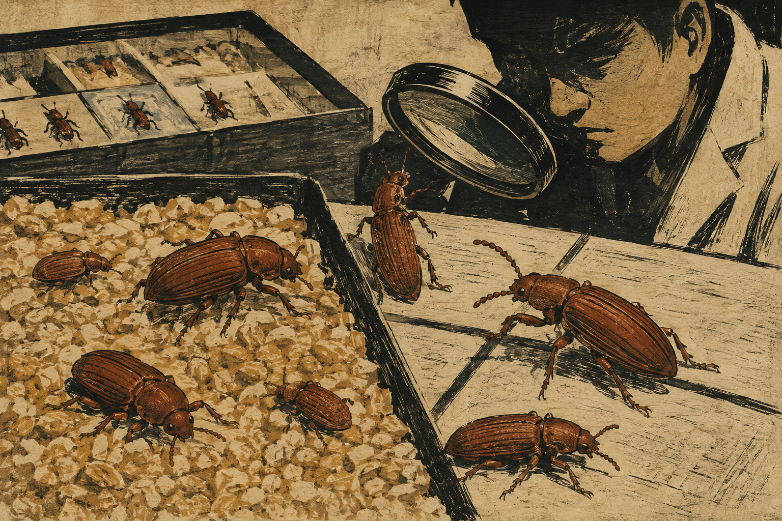 Editorial illustration of magnified red flour beetles in a laboratory studying activity, reproduction and lifespan