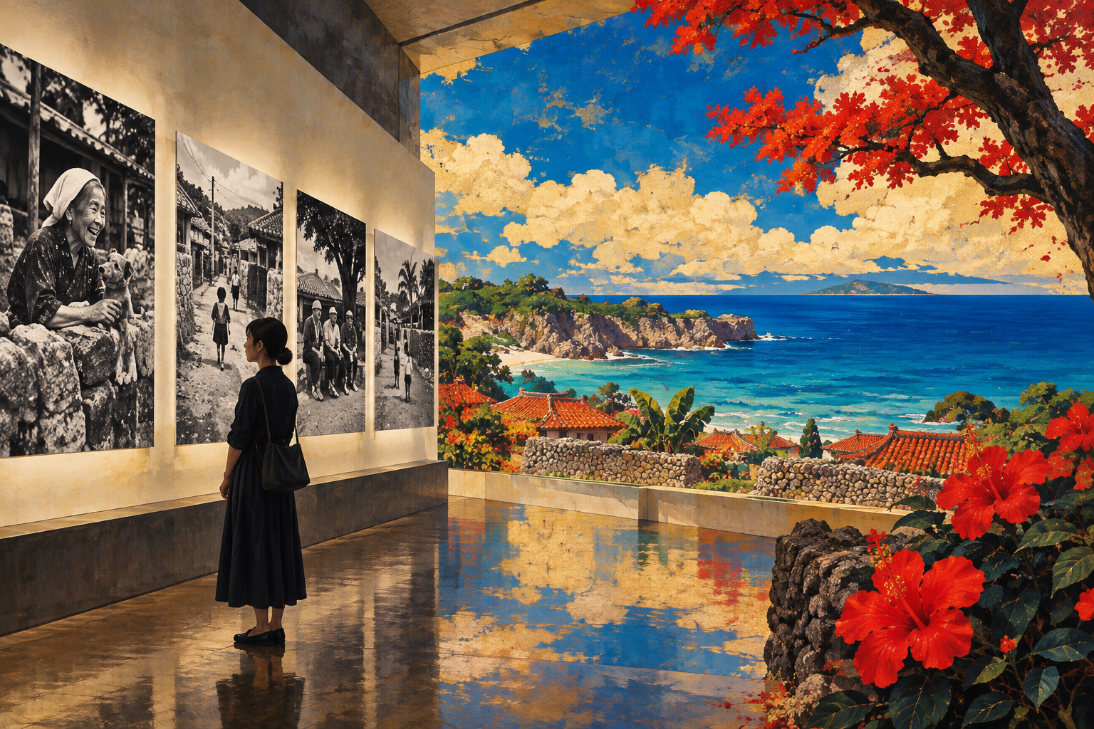 沖縄の暮らしを思わせる写真に見入る鑑賞者と、青い海や島の風景を組み合わせたイラスト