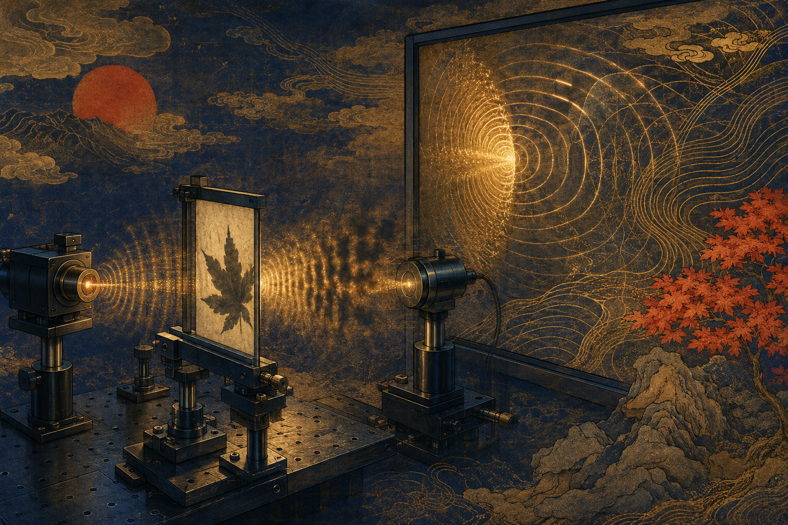 Editorial illustration of terahertz optical equipment, glowing wave patterns and a computer-generated phase map reconstructed from shadows