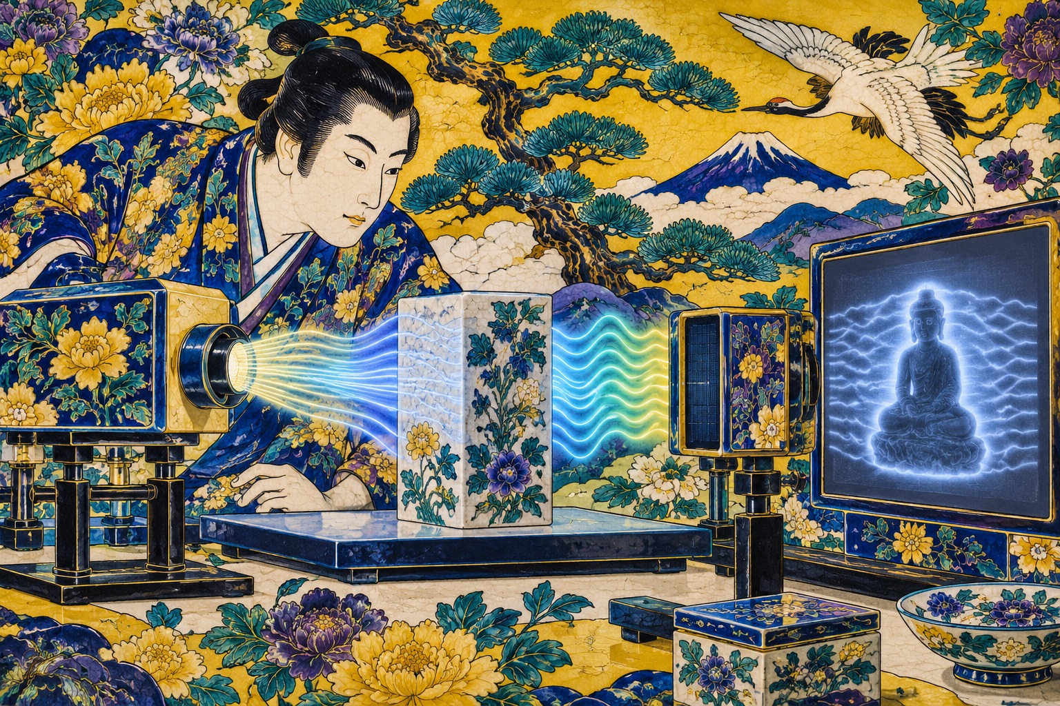 物体を透過するテラヘルツ波と、影から再構成される位相分布を描いた編集イラスト