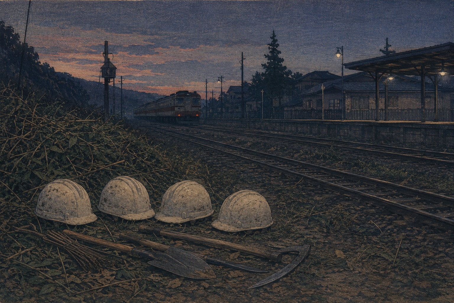 Restrained editorial illustration of an empty railway work zone at Shin-Kanuma Station