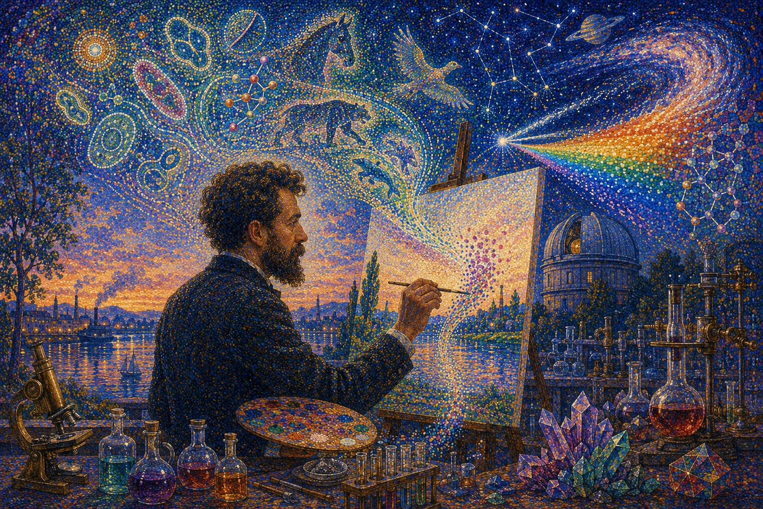 Imagined Georges Seurat painting among microscopes, cells, animals, crystals and light