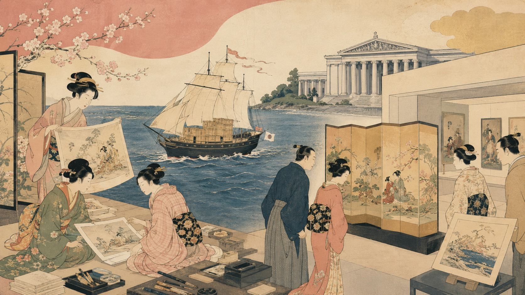 江戸の版画工房、海を渡る船、ロンドンの博物館、日本美術を見る人々を組み合わせた鈴木春信風の錦絵