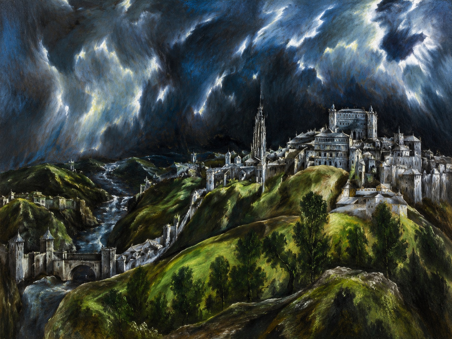 El Greco-inspired editorial image of Toledo rising through green hills beneath an electrically charged storm sky.