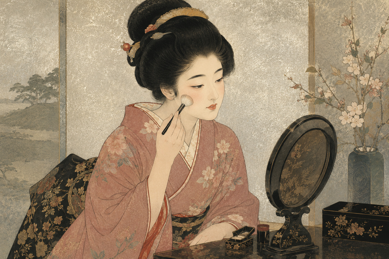 鏡の前で化粧する着物姿の女性を新版画風に描いた編集イラスト