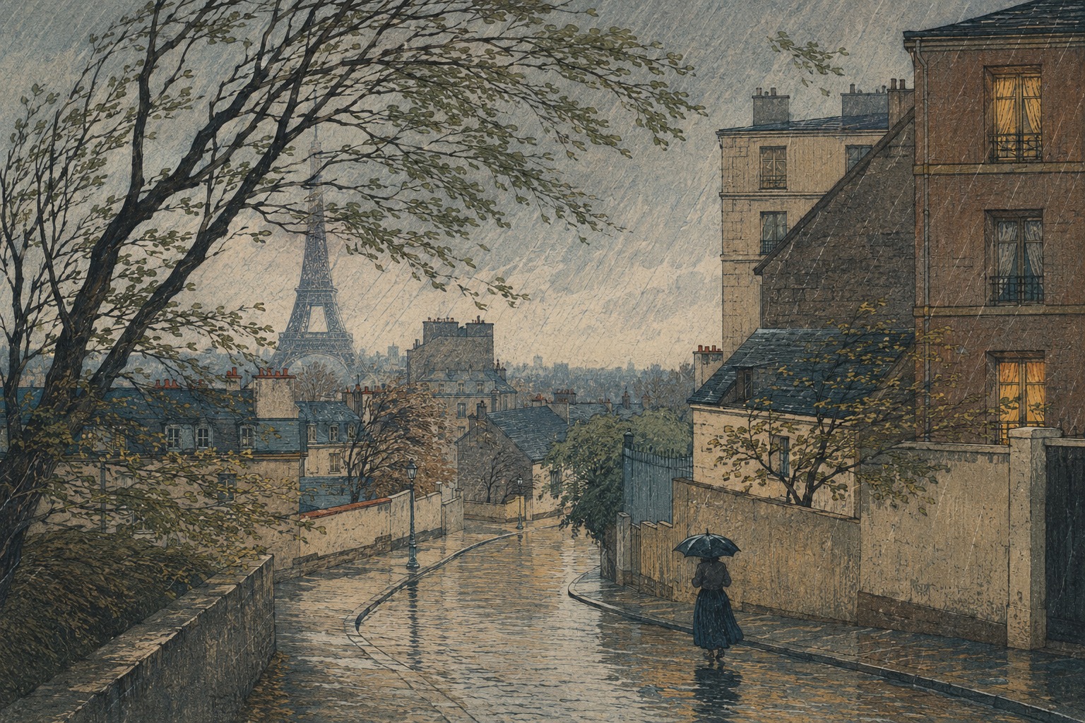Editorial color-lithograph-inspired view of the Eiffel Tower through rain, windblown trees and ordinary Parisian street life