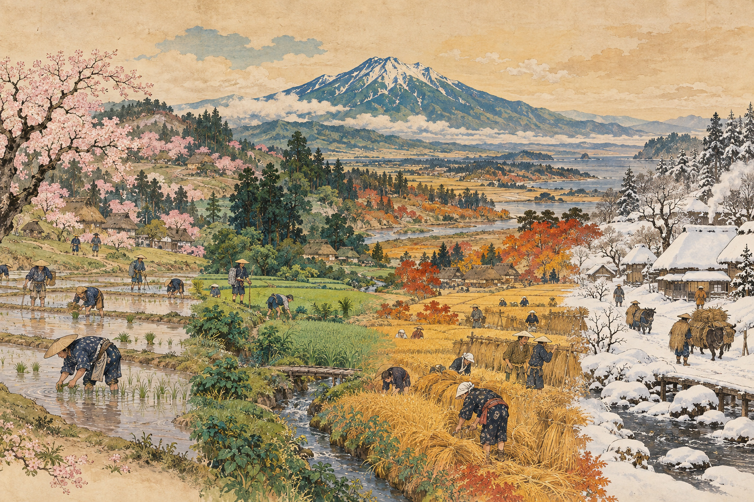 津軽の四季の農作業を題材にした、平尾魯仙に着想を得た現代のイラスト