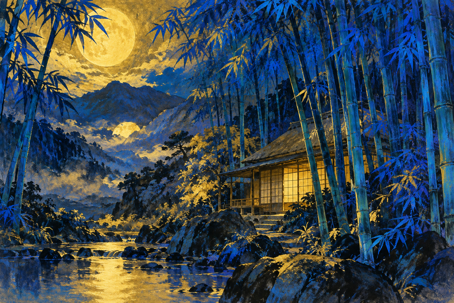 青い影と黄色い月光の中、竹林に囲まれた小さな住まいを描いた編集用イラスト