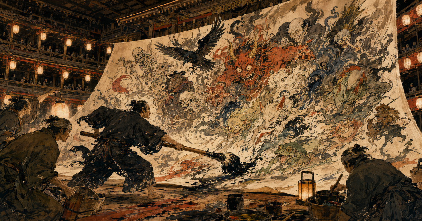 Today’s Art Choice celebrating Kawanabe Kyōsai’s Shintomi-za theater curtain, alive with demons, ghosts and comic monsters