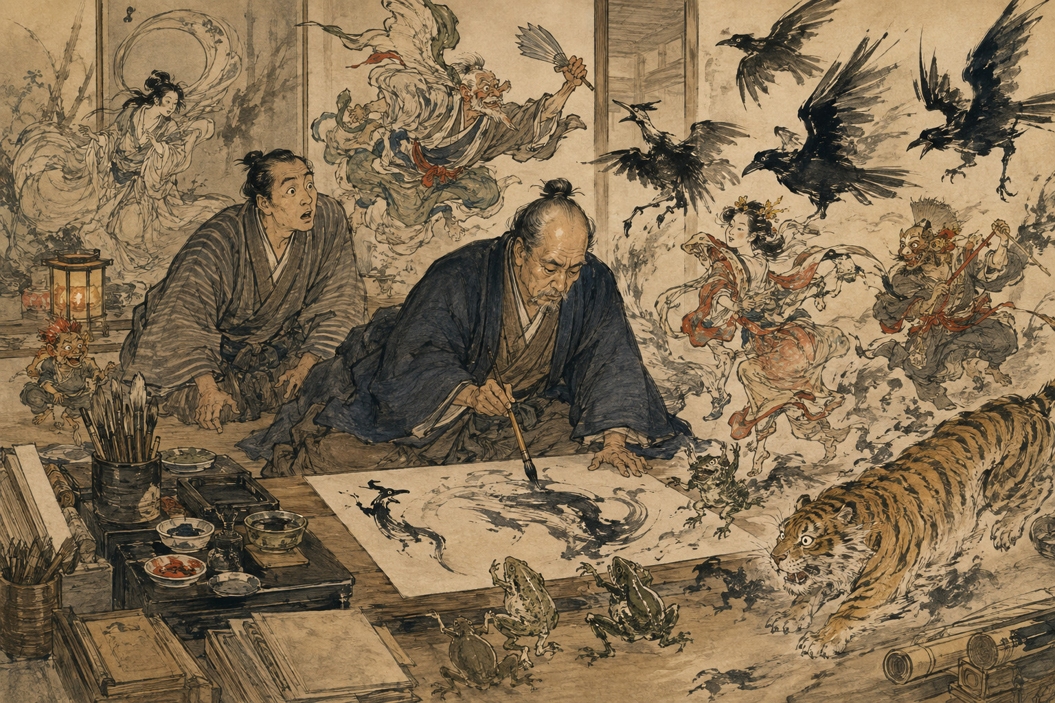 Demons, birds, animals and performers emerging from Kawanabe Kyosai’s brush