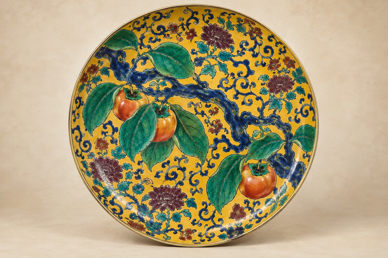 A Persimmon Branch Announces Autumn in a Brilliant Ko-Kutani Dish