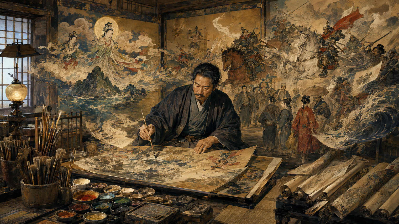明治期の工房で神話と近代の群像を描く小林永濯の編集画