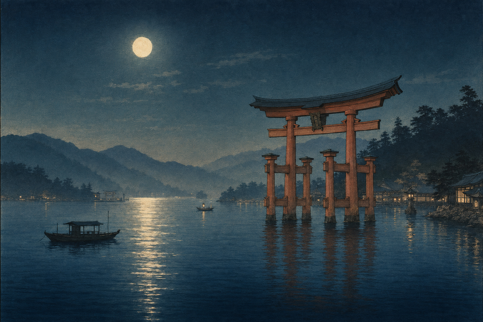 月明かりに浮かぶ宮島の鳥居と海を土屋光逸の新版画に着想を得て描いた本日のアートチョイス