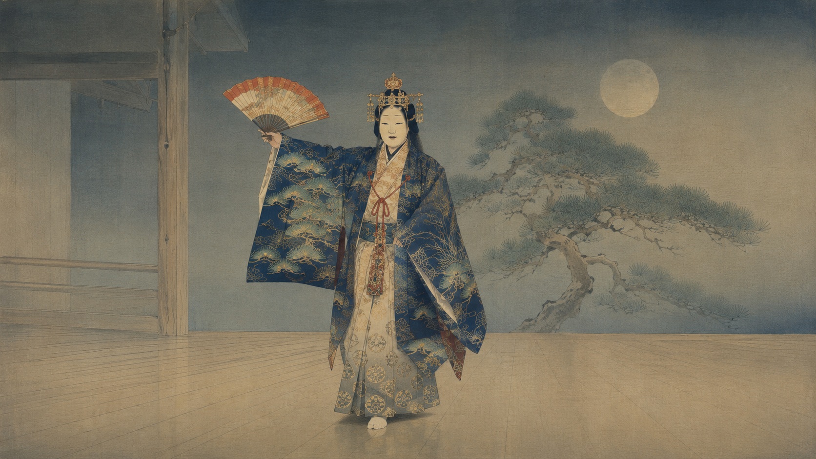 Editorial image of a solitary Noh performer poised between stillness and movement beneath a moon