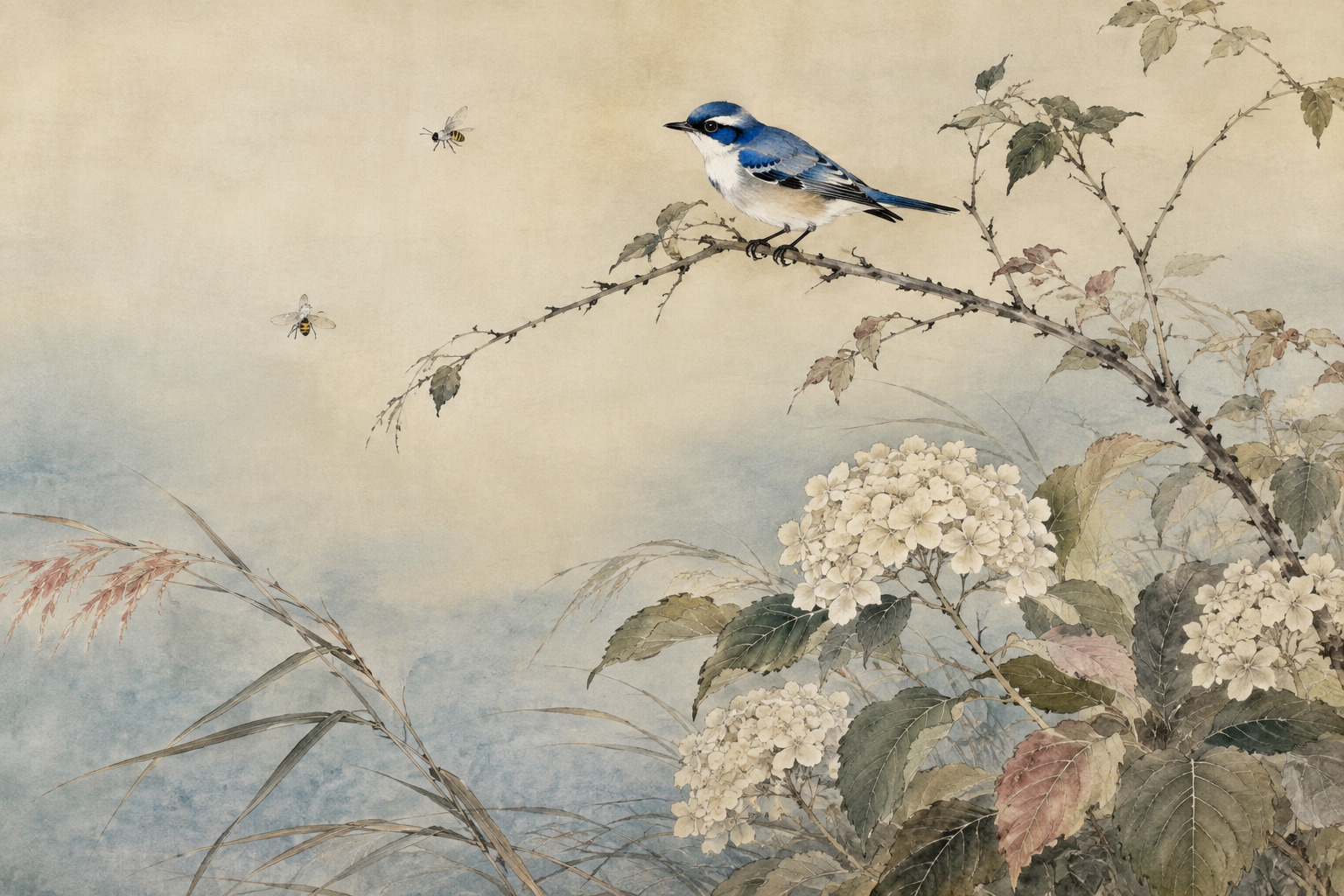AI-assisted editorial illustration of birds and flowers inspired by Watanabe Seitei