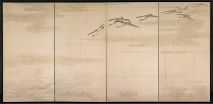 山本梅逸の雁、葦、水を描いた四曲一双屏風。美術館の全図を上下に掲載。