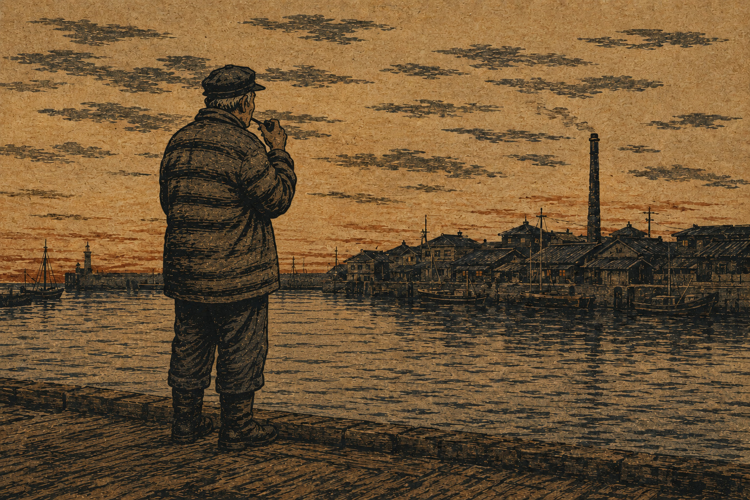 Editorial image of Yamamoto Kanae’s black-ink woodcut Fisherman, showing an elderly fisherman smoking a pipe above a harbor