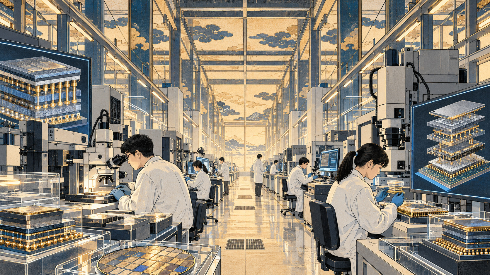 東北大「T-CHIPS」始動、半導体を重ねてつなぐ次の競争へ — editorial illustration