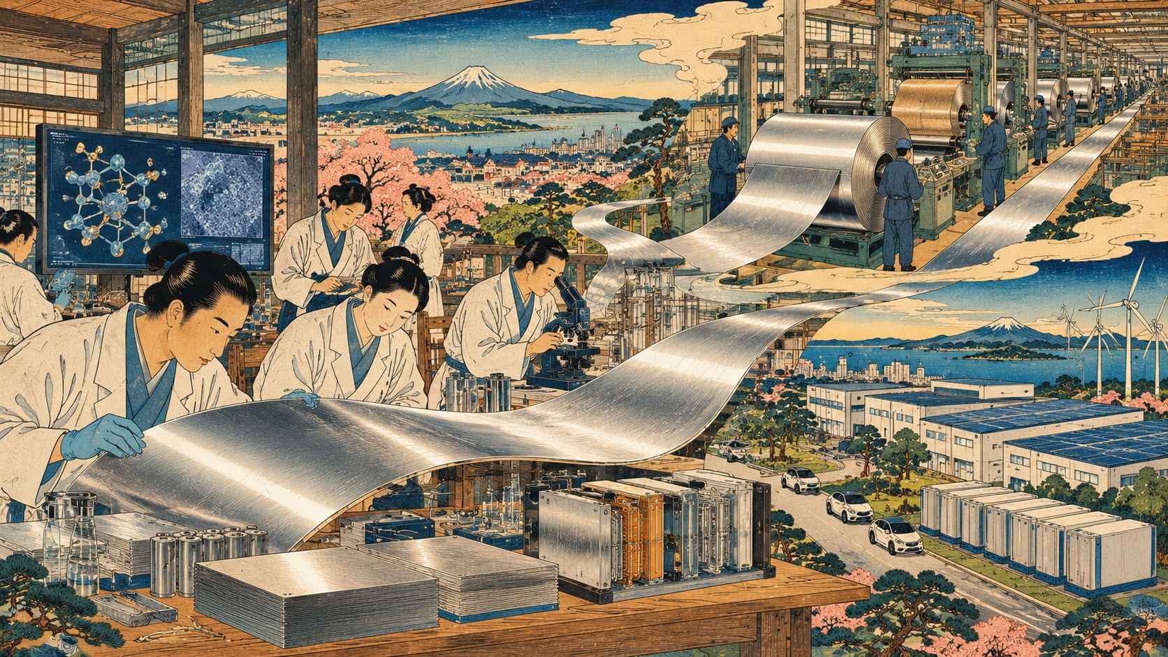 The Battery Electrode That Could Be One Sheet of Aluminum: Tohoku’s Manganese Breakthrough — editorial illustration