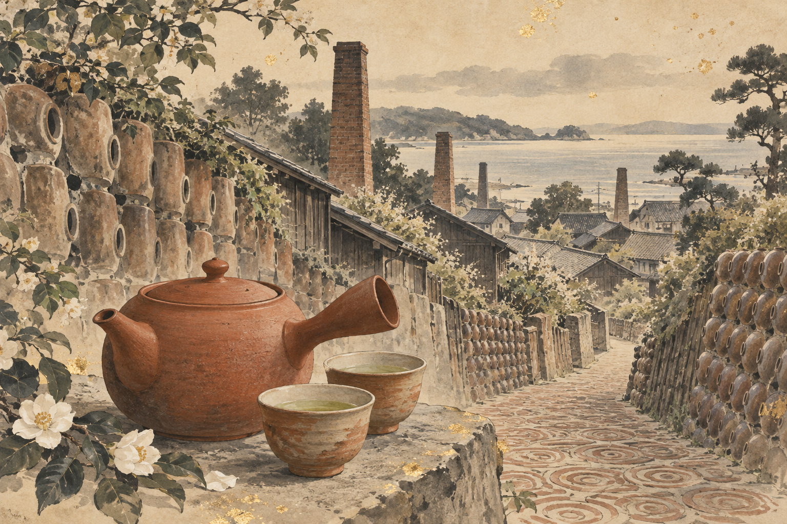 Ink-wash illustration of a red side-handled teapot and cups before pottery walls and kiln chimneys