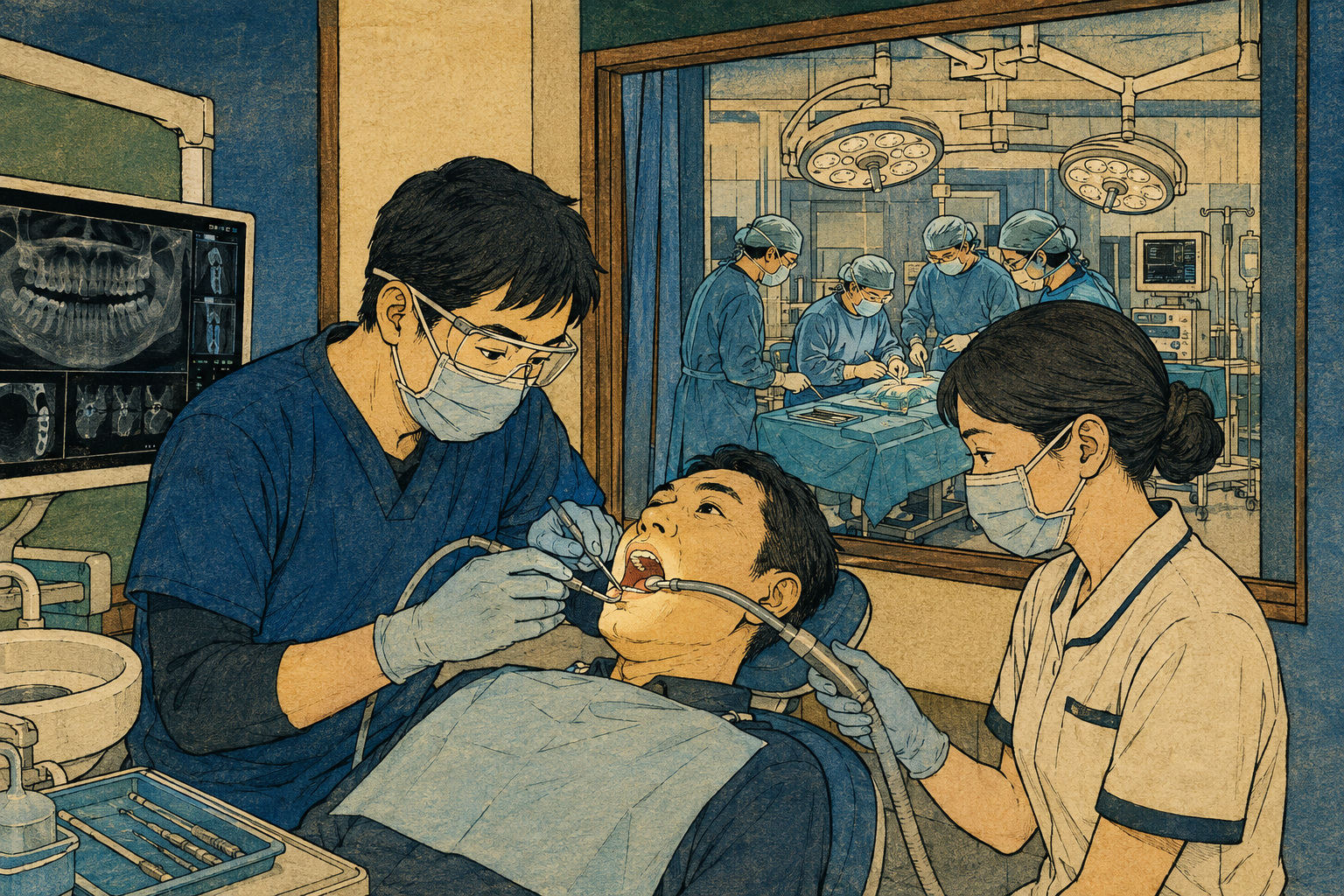 A dentist and dental hygienist provide oral care before surgery in a Hirosada-inspired editorial illustration